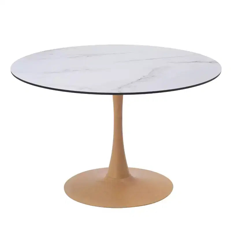 35" Modern Round Dining Table, Durable MDF Top, Wood-Transfer Natural Steel Base