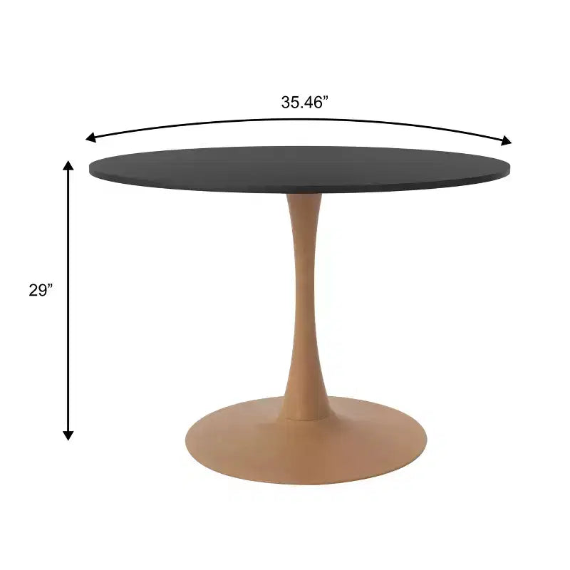 35" Modern Round Dining Table, Durable MDF Top, Wood-Transfer Natural Steel Base
