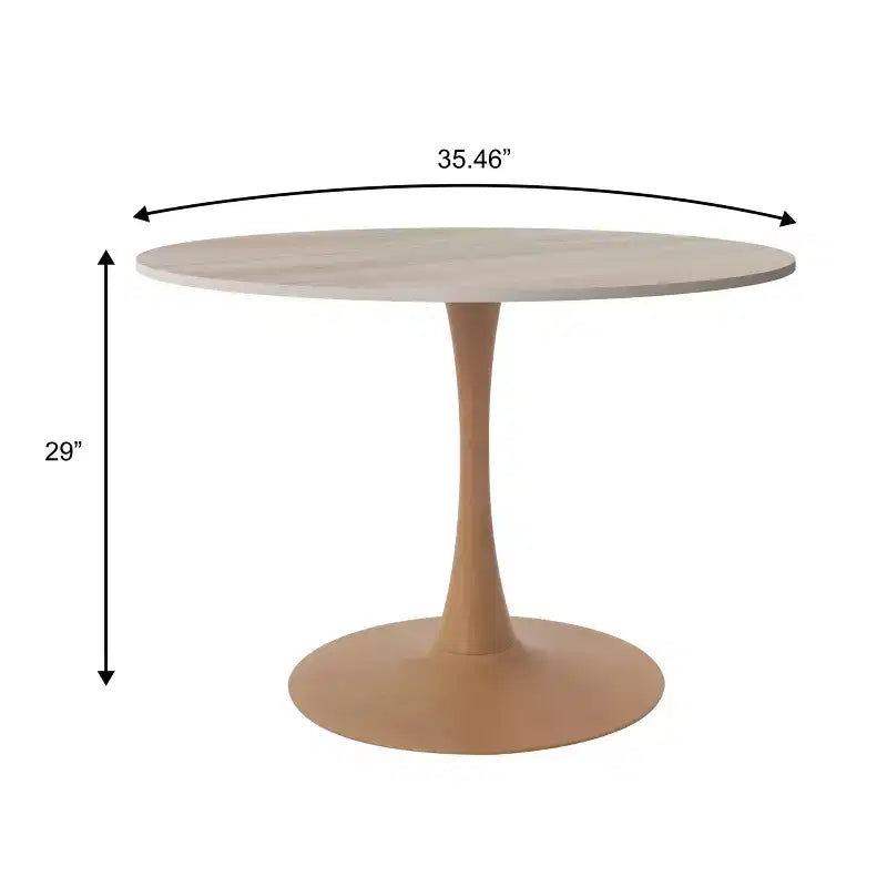35" Modern Round Dining Table, Durable MDF Top, Wood-Transfer Natural Steel Base