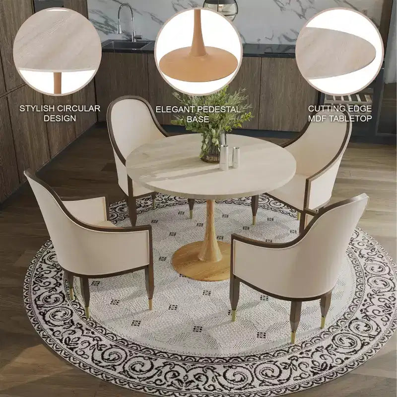 35" Modern Round Dining Table, Durable MDF Top, Wood-Transfer Natural Steel Base
