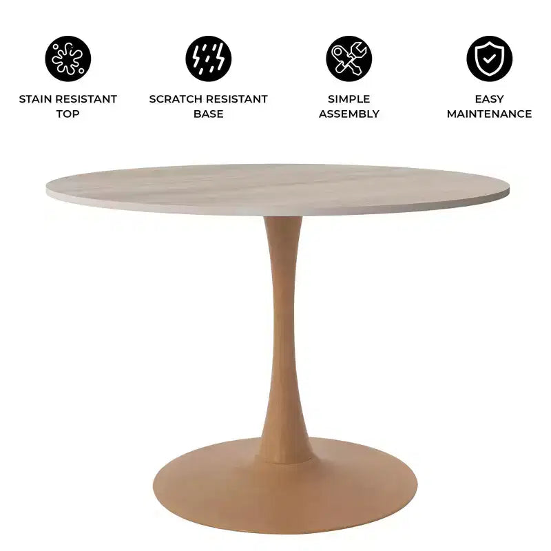 35" Modern Round Dining Table, Durable MDF Top, Wood-Transfer Natural Steel Base