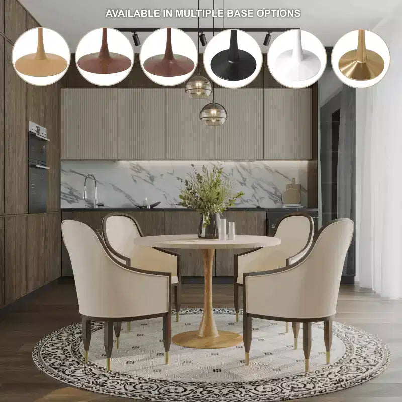 35" Modern Round Dining Table, Durable MDF Top, Wood-Transfer Natural Steel Base