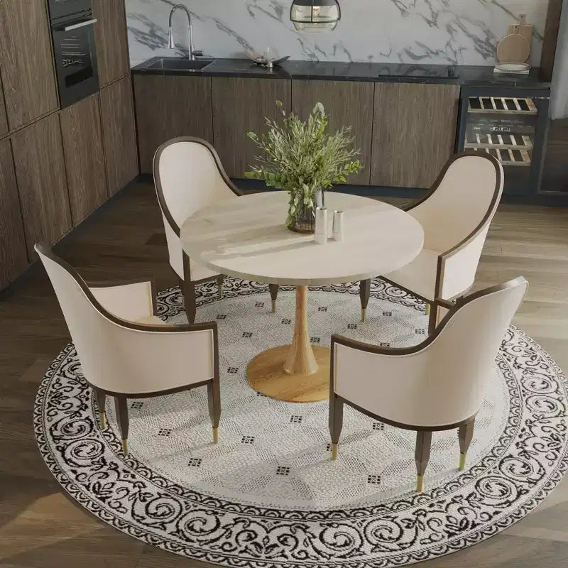 35" Modern Round Dining Table, Durable MDF Top, Wood-Transfer Natural Steel Base