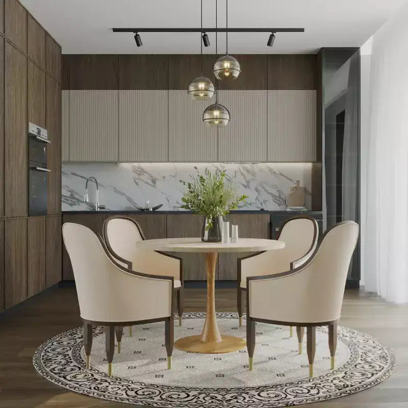 35" Modern Round Dining Table, Durable MDF Top, Wood-Transfer Natural Steel Base