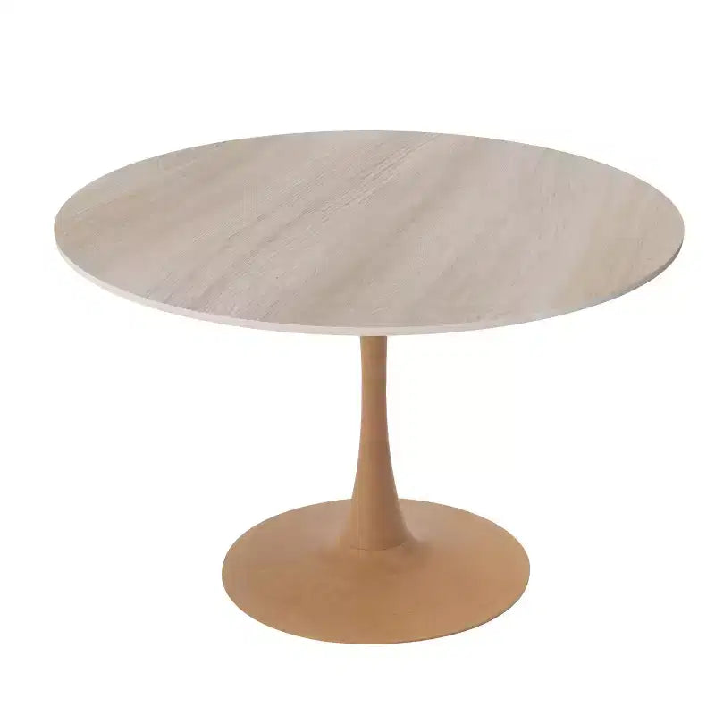 35" Modern Round Dining Table, Durable MDF Top, Wood-Transfer Natural Steel Base