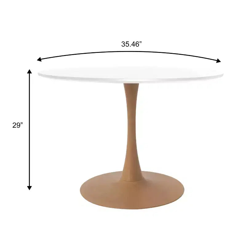 35" Modern Round Dining Table, Durable MDF Top, Wood-Transfer Natural Steel Base