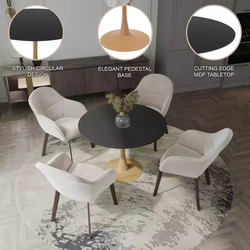 35" Modern Round Dining Table, Durable MDF Top, Wood-Transfer Natural Steel Base