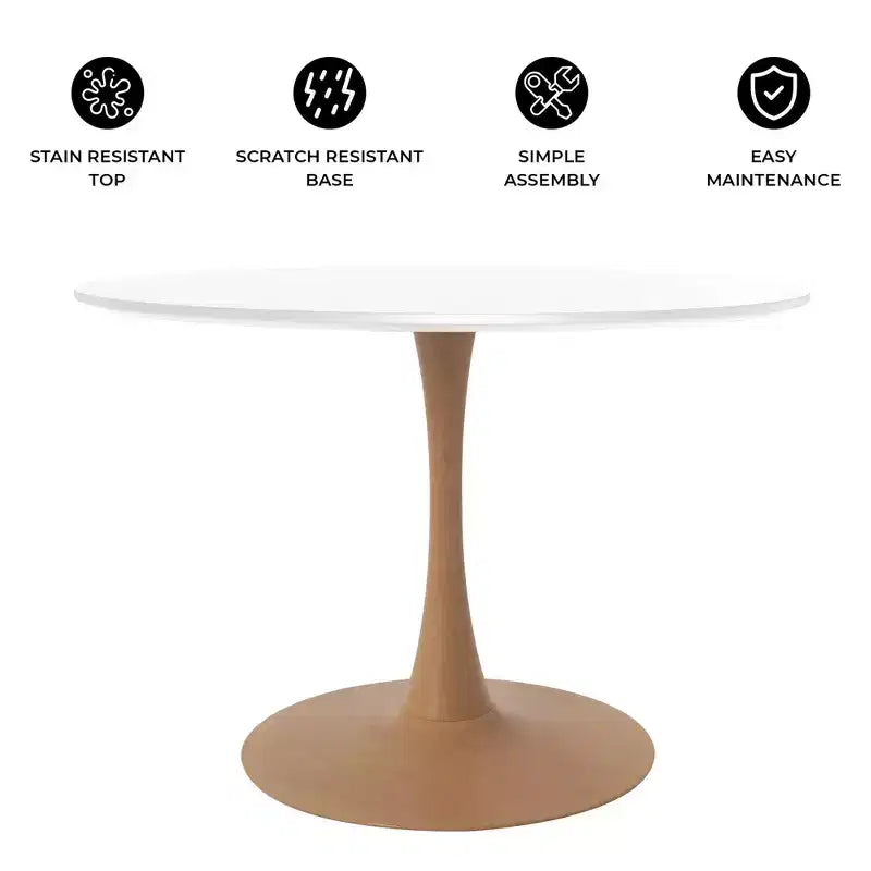 35" Modern Round Dining Table, Durable MDF Top, Wood-Transfer Natural Steel Base