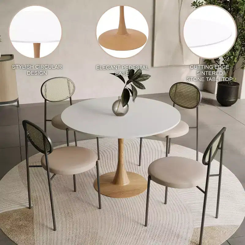 35" Modern Round Dining Table, Durable MDF Top, Wood-Transfer Natural Steel Base