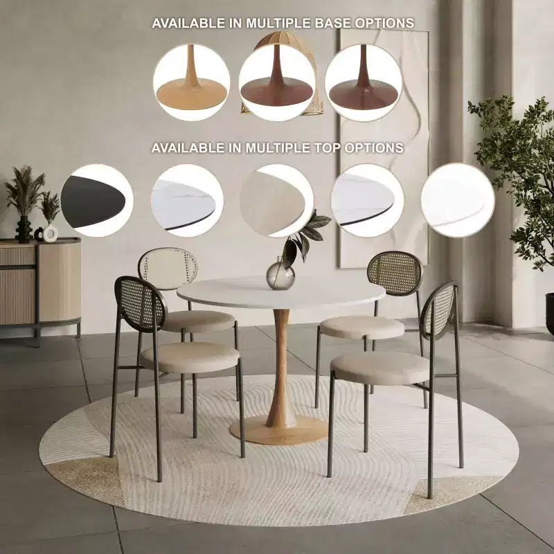 35" Modern Round Dining Table, Durable MDF Top, Wood-Transfer Natural Steel Base
