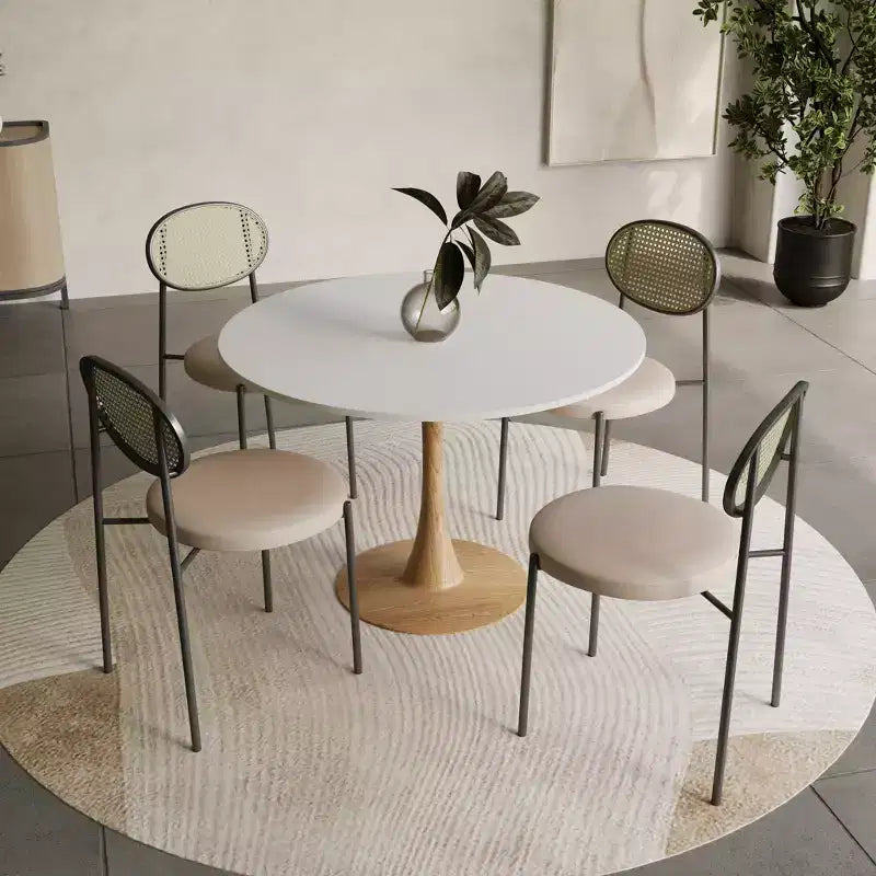 35" Modern Round Dining Table, Durable MDF Top, Wood-Transfer Natural Steel Base