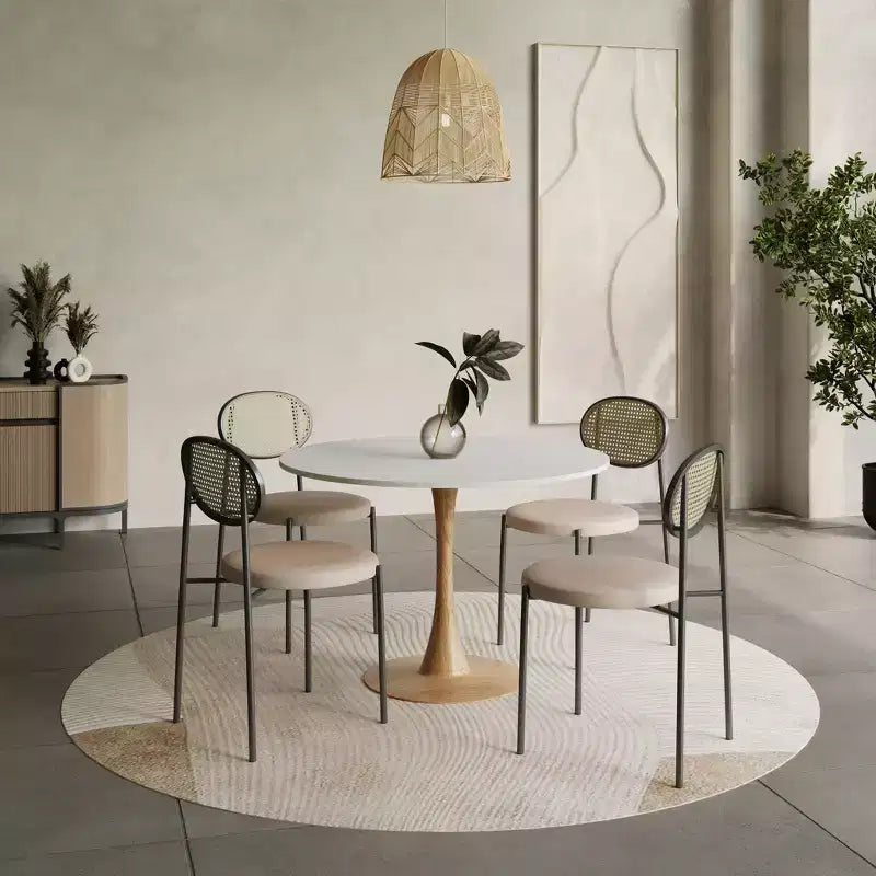 35" Modern Round Dining Table, Durable MDF Top, Wood-Transfer Natural Steel Base