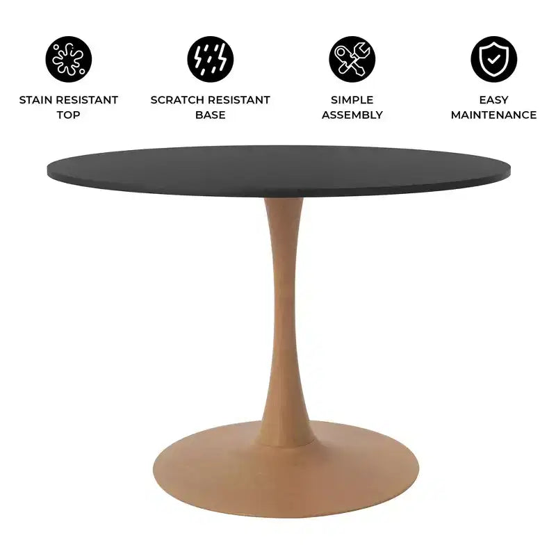 35" Modern Round Dining Table, Durable MDF Top, Wood-Transfer Natural Steel Base