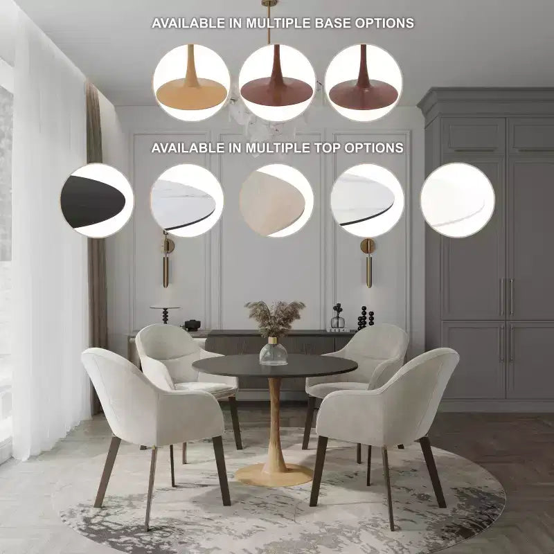 35" Modern Round Dining Table, Durable MDF Top, Wood-Transfer Natural Steel Base