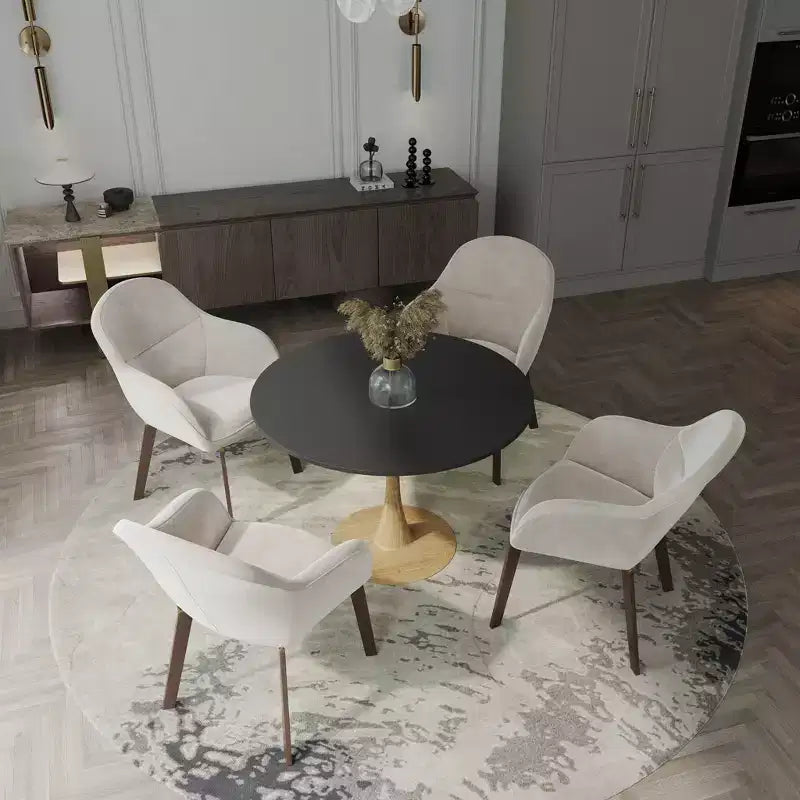 35" Modern Round Dining Table, Durable MDF Top, Wood-Transfer Natural Steel Base