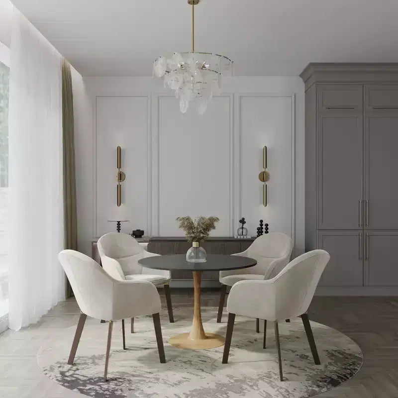 35" Modern Round Dining Table, Durable MDF Top, Wood-Transfer Natural Steel Base