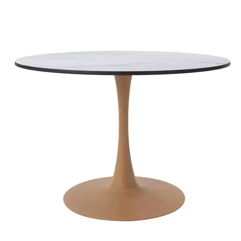 35" Modern Round Dining Table, Durable MDF Top, Wood-Transfer Natural Steel Base