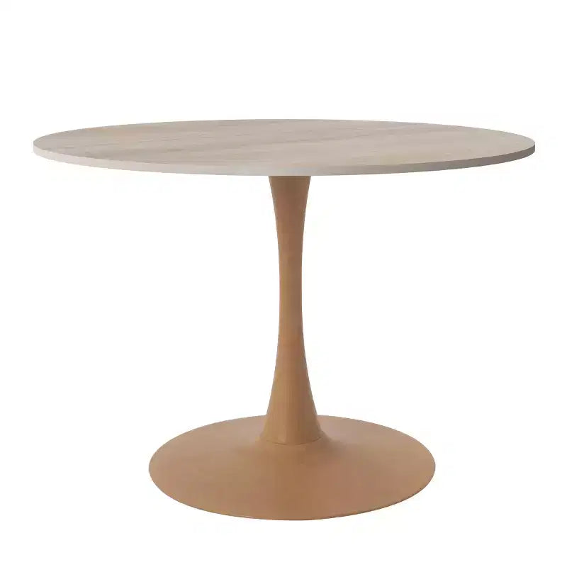 35" Modern Round Dining Table, Durable MDF Top, Wood-Transfer Natural Steel Base