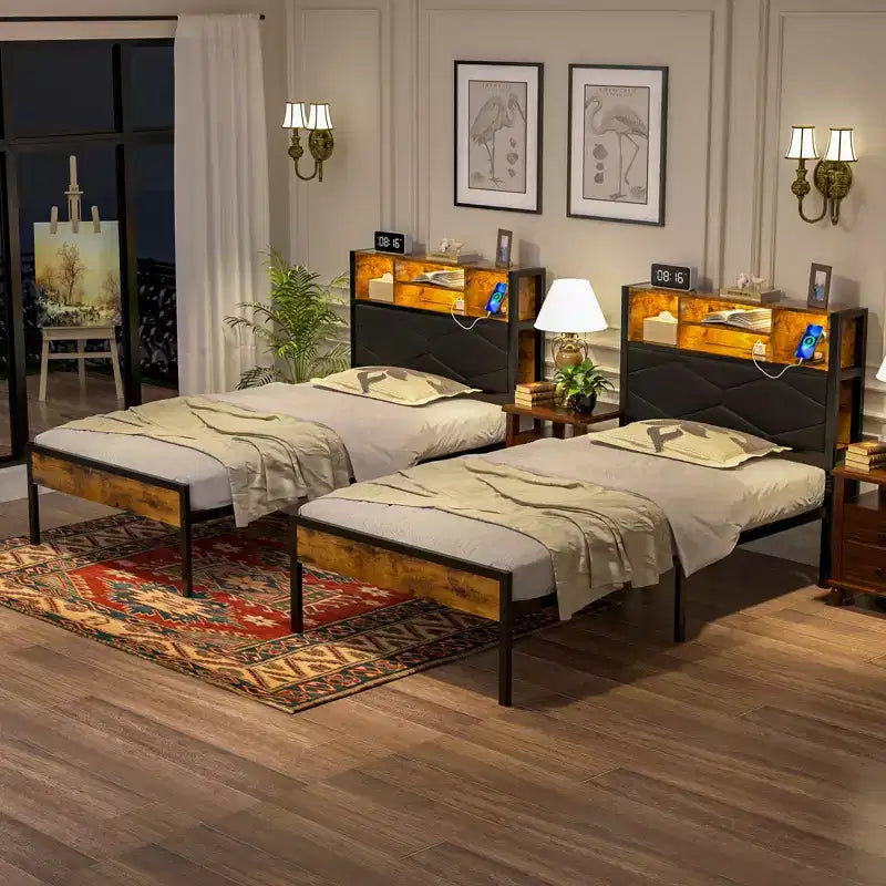 Upholstered Platform Bed Frame with LED Storage Headboard and Charging Station, Twin/Full/Queen, Brown