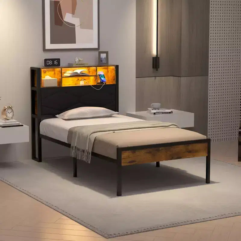 Upholstered Platform Bed Frame with LED Storage Headboard and Charging Station, Twin/Full/Queen, Brown