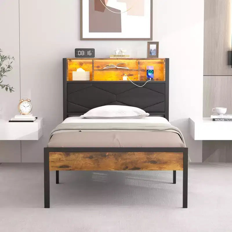 Upholstered Platform Bed Frame with LED Storage Headboard and Charging Station, Twin/Full/Queen, Brown