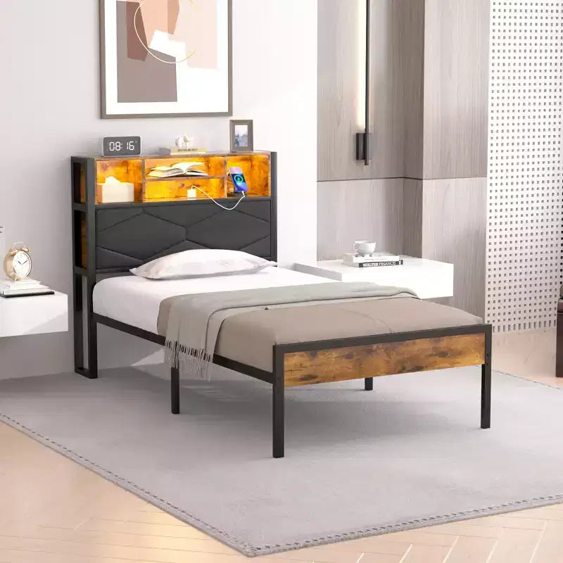 Upholstered Platform Bed Frame with LED Storage Headboard and Charging Station, Twin/Full/Queen, Brown