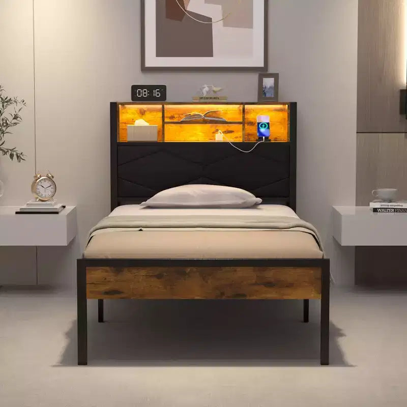 Upholstered Platform Bed Frame with LED Storage Headboard and Charging Station, Twin/Full/Queen, Brown