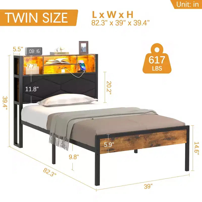 Upholstered Platform Bed Frame with LED Storage Headboard and Charging Station, Twin/Full/Queen, Brown