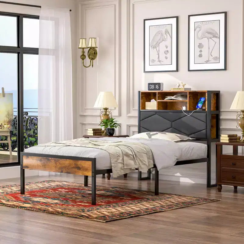 Upholstered Platform Bed Frame with LED Storage Headboard and Charging Station, Twin/Full/Queen, Brown