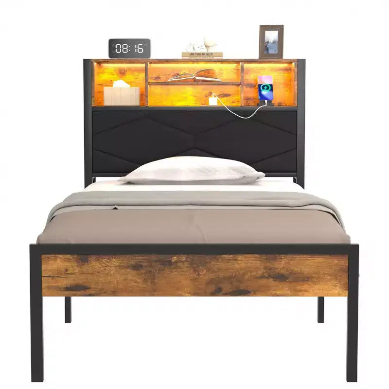 Upholstered Platform Bed Frame with LED Storage Headboard and Charging Station, Twin/Full/Queen, Brown