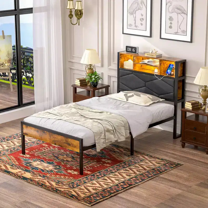Upholstered Platform Bed Frame with LED Storage Headboard and Charging Station, Twin/Full/Queen, Brown