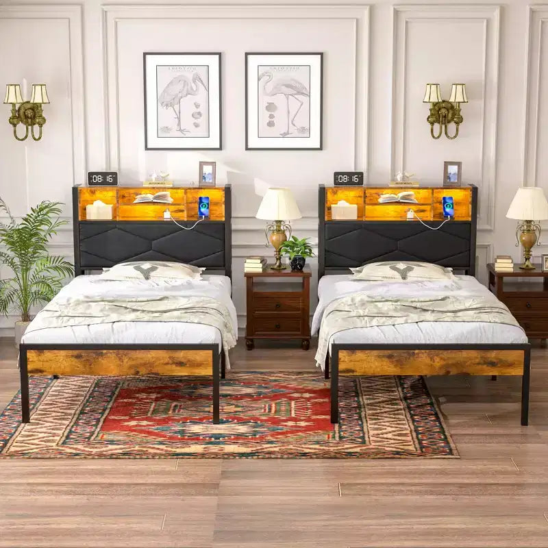 Upholstered Platform Bed Frame with LED Storage Headboard and Charging Station, Twin/Full/Queen, Brown