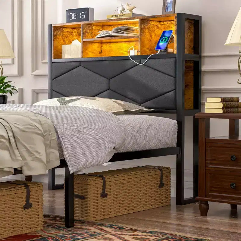 Upholstered Platform Bed Frame with LED Storage Headboard and Charging Station, Twin/Full/Queen, Brown