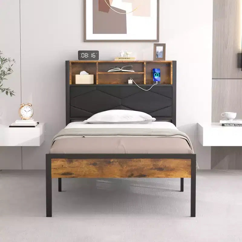 Upholstered Platform Bed Frame with LED Storage Headboard and Charging Station, Twin/Full/Queen, Brown