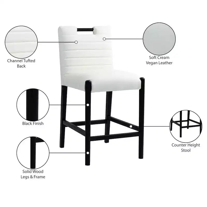 Cream Vegan Leather Counter Stool, Quilted Design, Black Oak Wood Legs