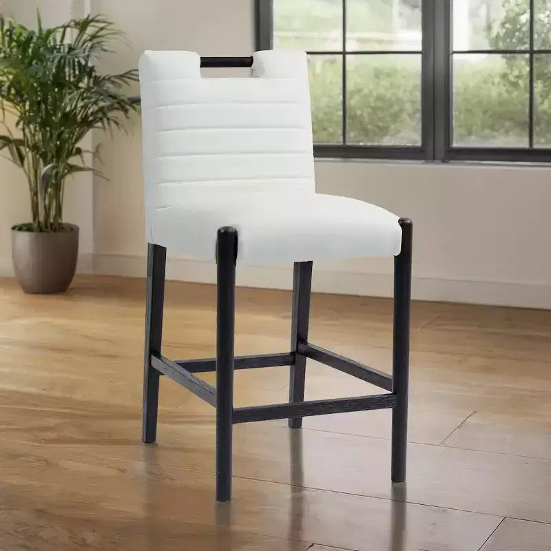 Cream Vegan Leather Counter Stool, Quilted Design, Black Oak Wood Legs