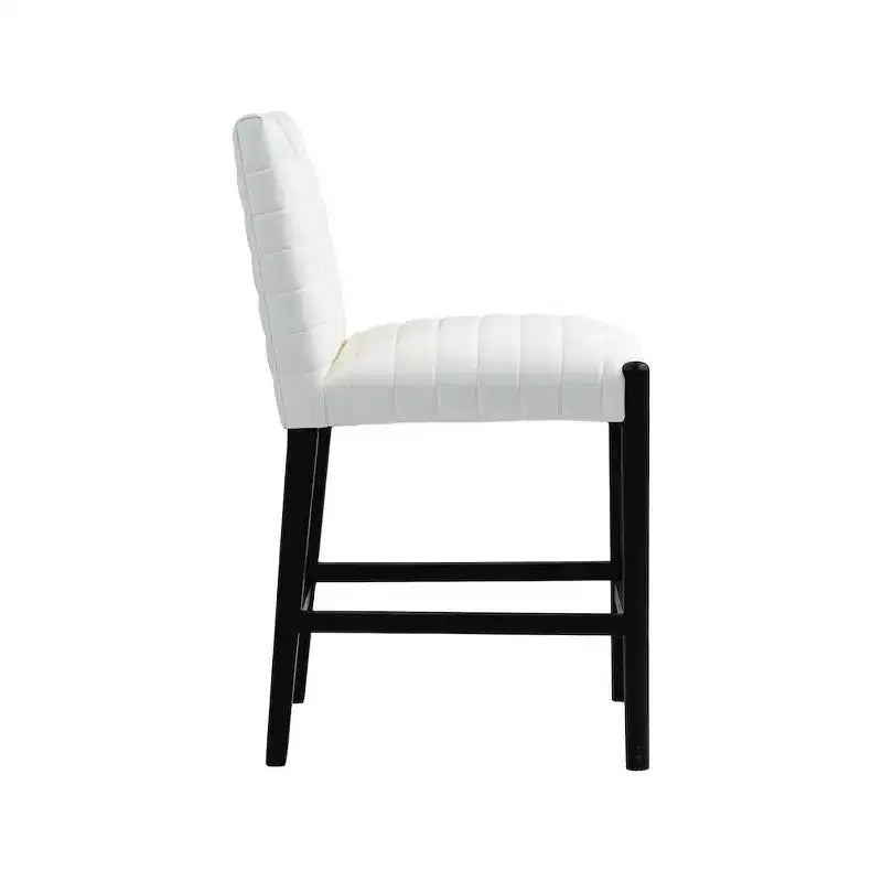 Cream Vegan Leather Counter Stool, Quilted Design, Black Oak Wood Legs