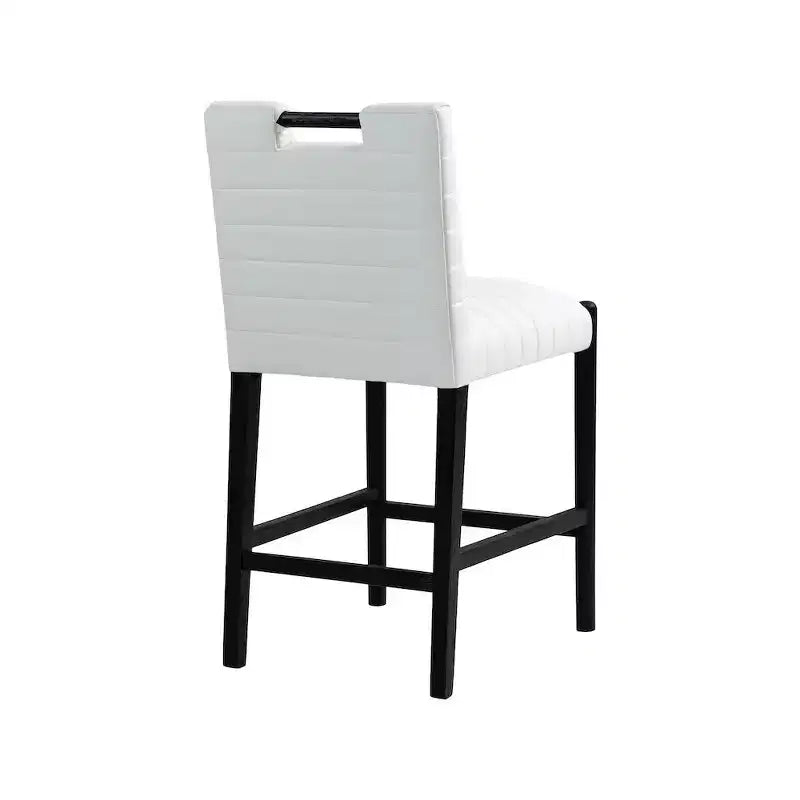 Cream Vegan Leather Counter Stool, Quilted Design, Black Oak Wood Legs