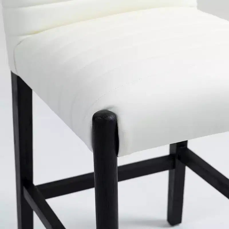 Cream Vegan Leather Counter Stool, Quilted Design, Black Oak Wood Legs