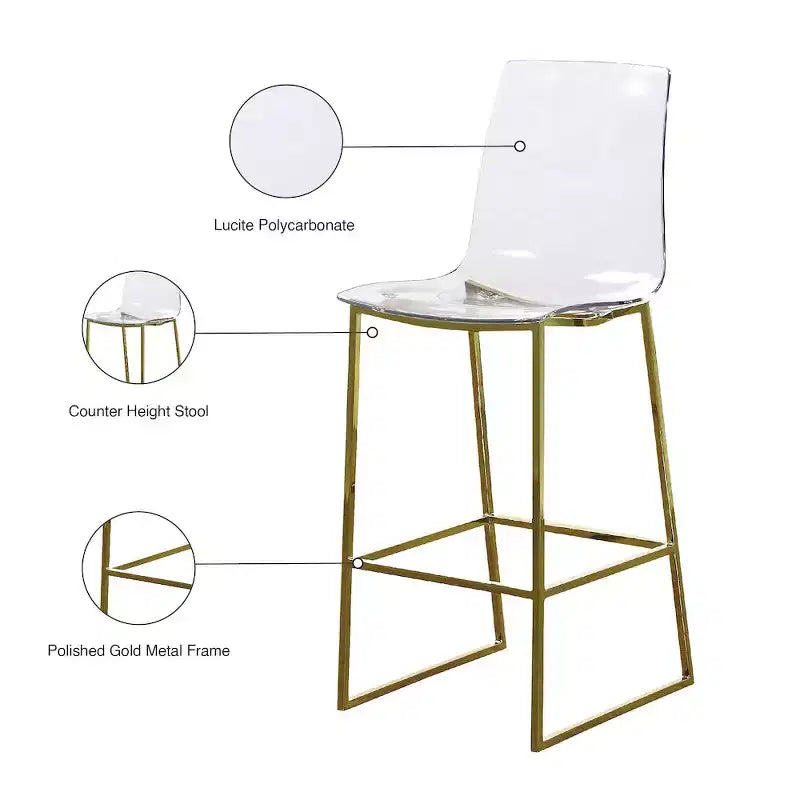 Gold Metal and Acrylic Counter Stool, Polycarbonate Seat, Counter Height