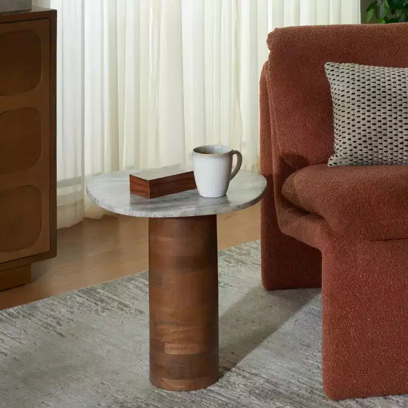 Small Marble Side Table, Off White Marble Top with Walnut Base