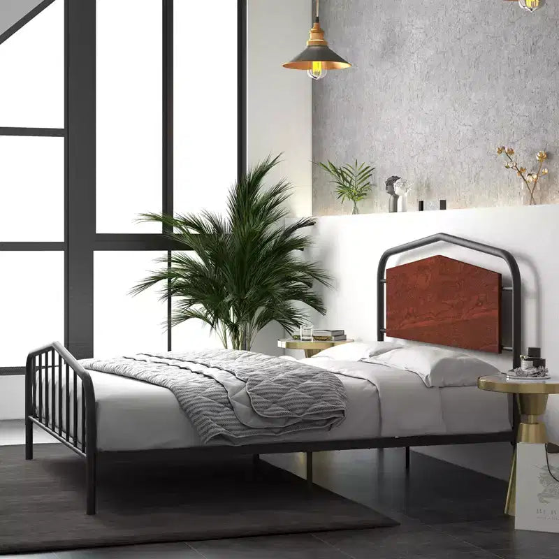 Full Size Bed Frame with Wooden Headboard and Footboard