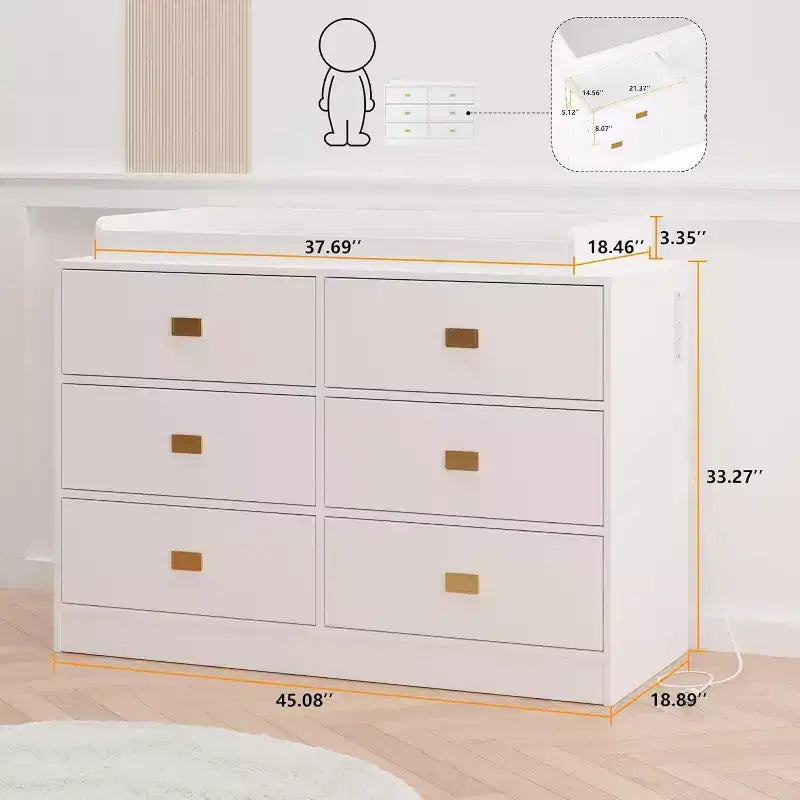 6-Drawer Dresser with Removable Changing Table Top for Nursery, White