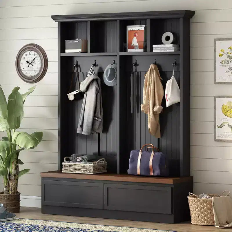Farmhouse Hall Tree with Wood Grain Bench and 2 Large Drawers, Entryway Storage, Black and Walnut