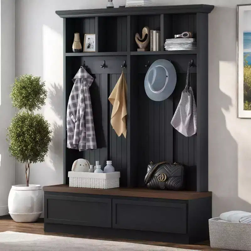 Farmhouse Hall Tree with Wood Grain Bench and 2 Large Drawers, Entryway Storage, Black and Walnut