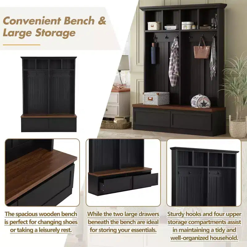 Farmhouse Hall Tree with Wood Grain Bench and 2 Large Drawers, Entryway Storage, Black and Walnut