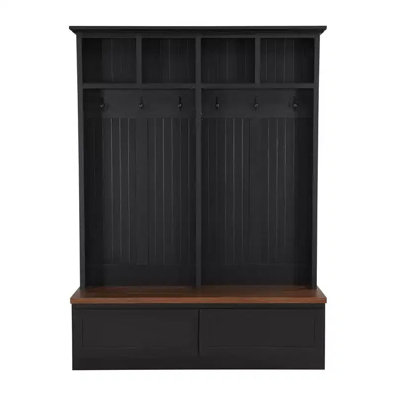 Farmhouse Hall Tree with Wood Grain Bench and 2 Large Drawers, Entryway Storage, Black and Walnut