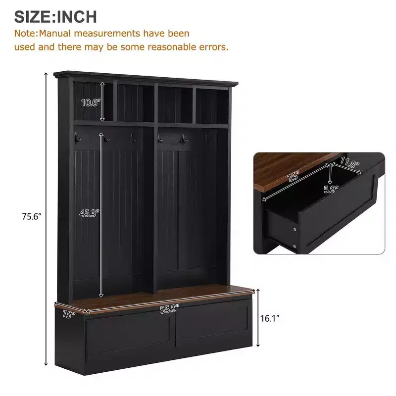Farmhouse Hall Tree with Wood Grain Bench and 2 Large Drawers, Entryway Storage, Black and Walnut