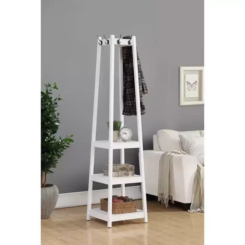 Freestanding Coat Rack Hall Tree with Wooden Frame, 3-Tier Storage Shelves, Silver Finish, White