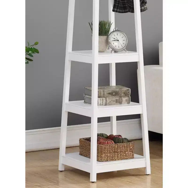 Freestanding Coat Rack Hall Tree with Wooden Frame, 3-Tier Storage Shelves, Silver Finish, White